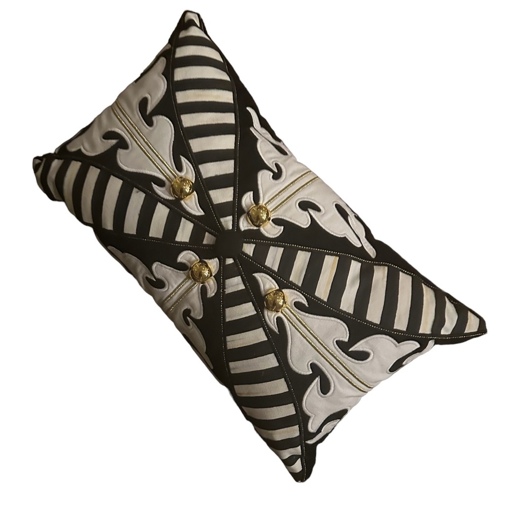 McKenzie Childs lumbar pillow. Like new, embroidered with gold balls.